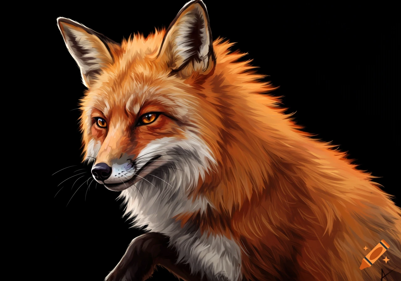 Close-up digital art portrait of a red fox with bright eyes against a black background.