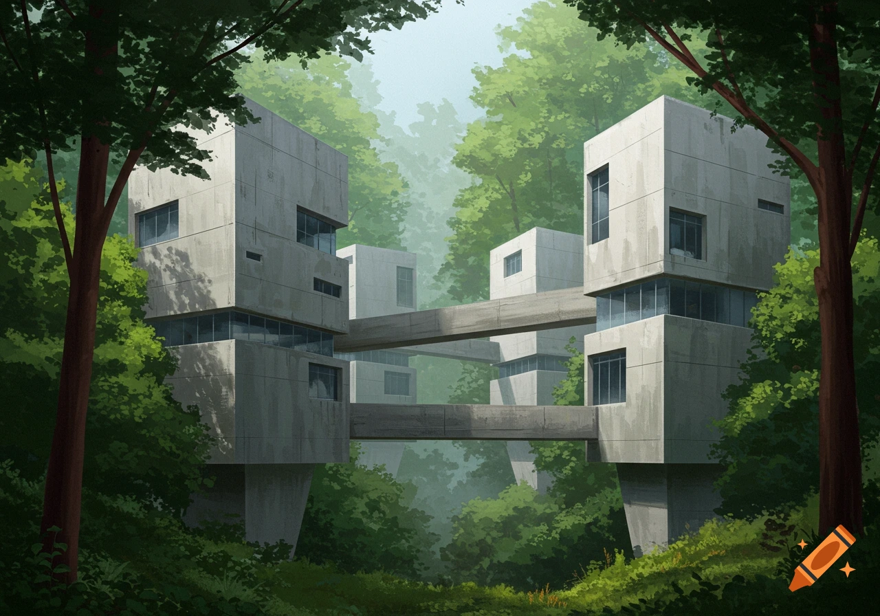 Concrete brutalist buildings connected by walkways in a forest