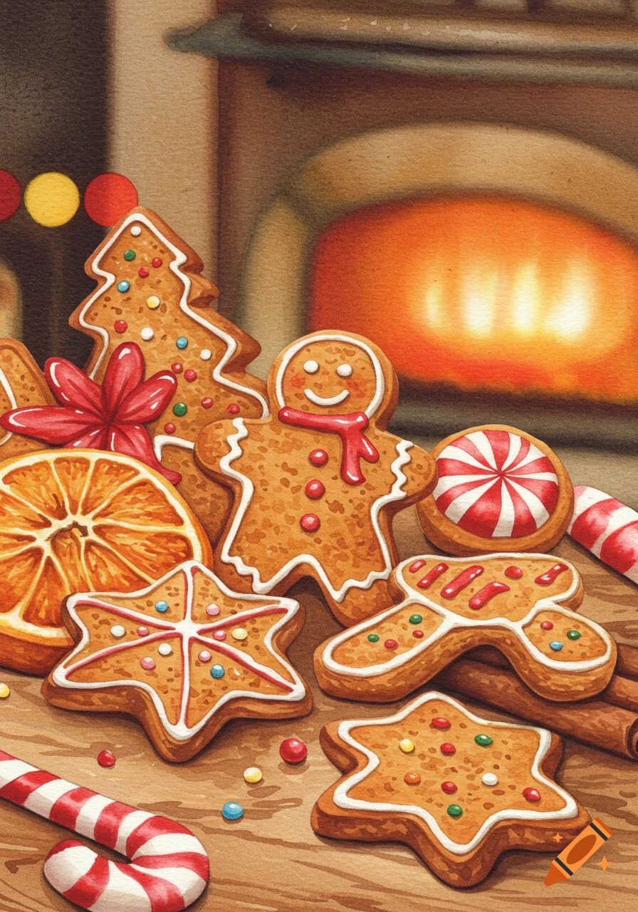 Watercolor painting of Christmas cookies, candy canes, and an orange slice by a fireplace.