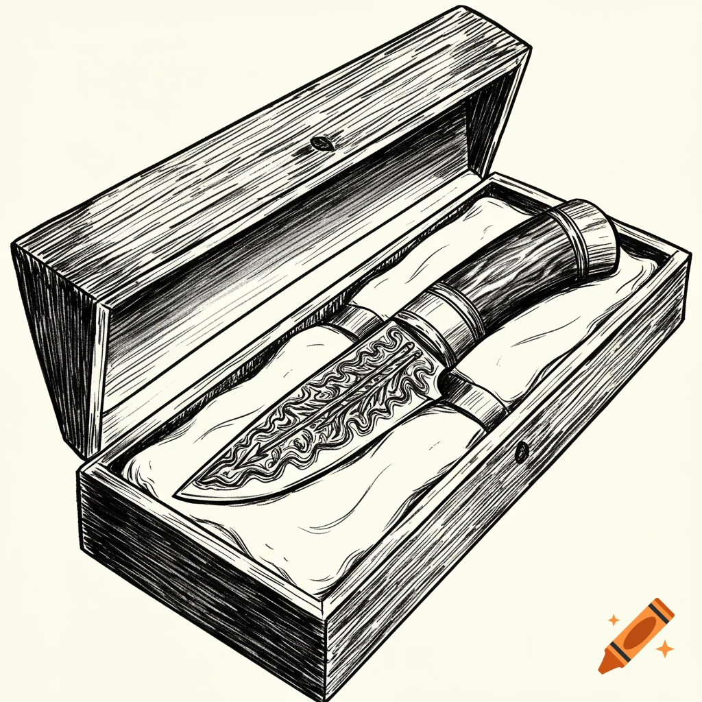 Black and white illustration of an opened wooden box containing a knife with a patterned blade and decorative handle.