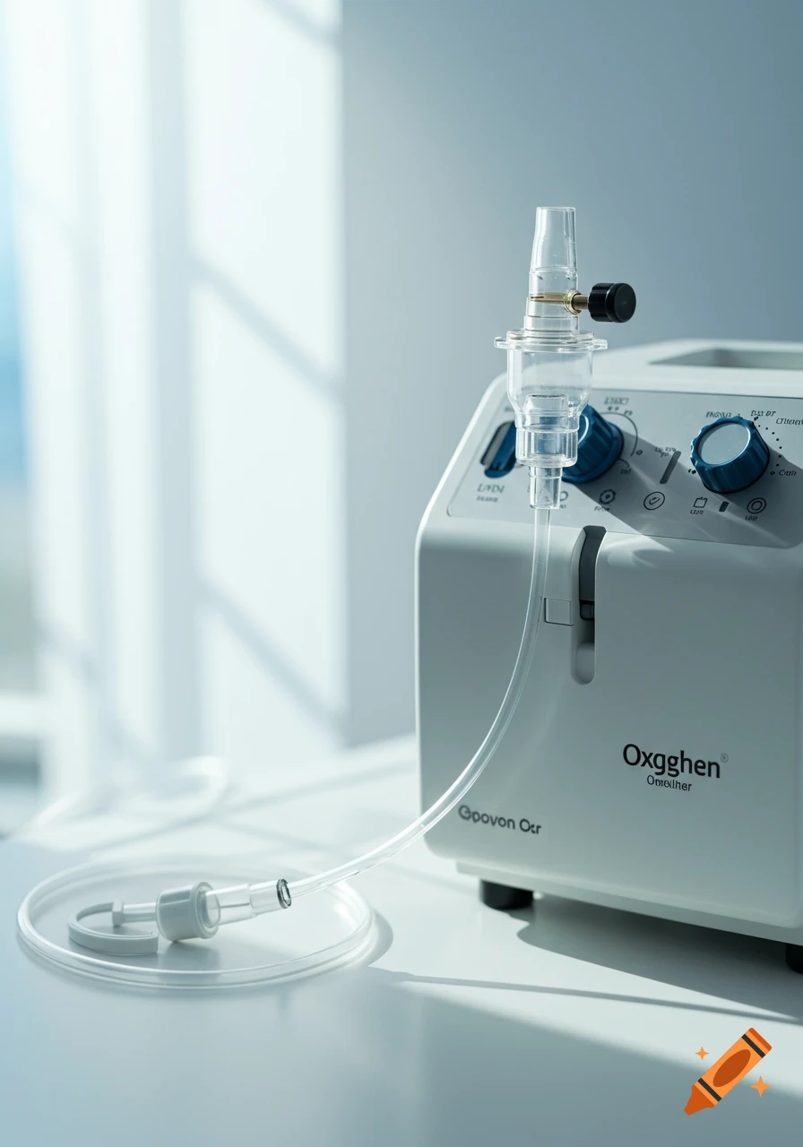 Close-up photo of white respiratory oxygen equipment with clear tubing on a white surface.