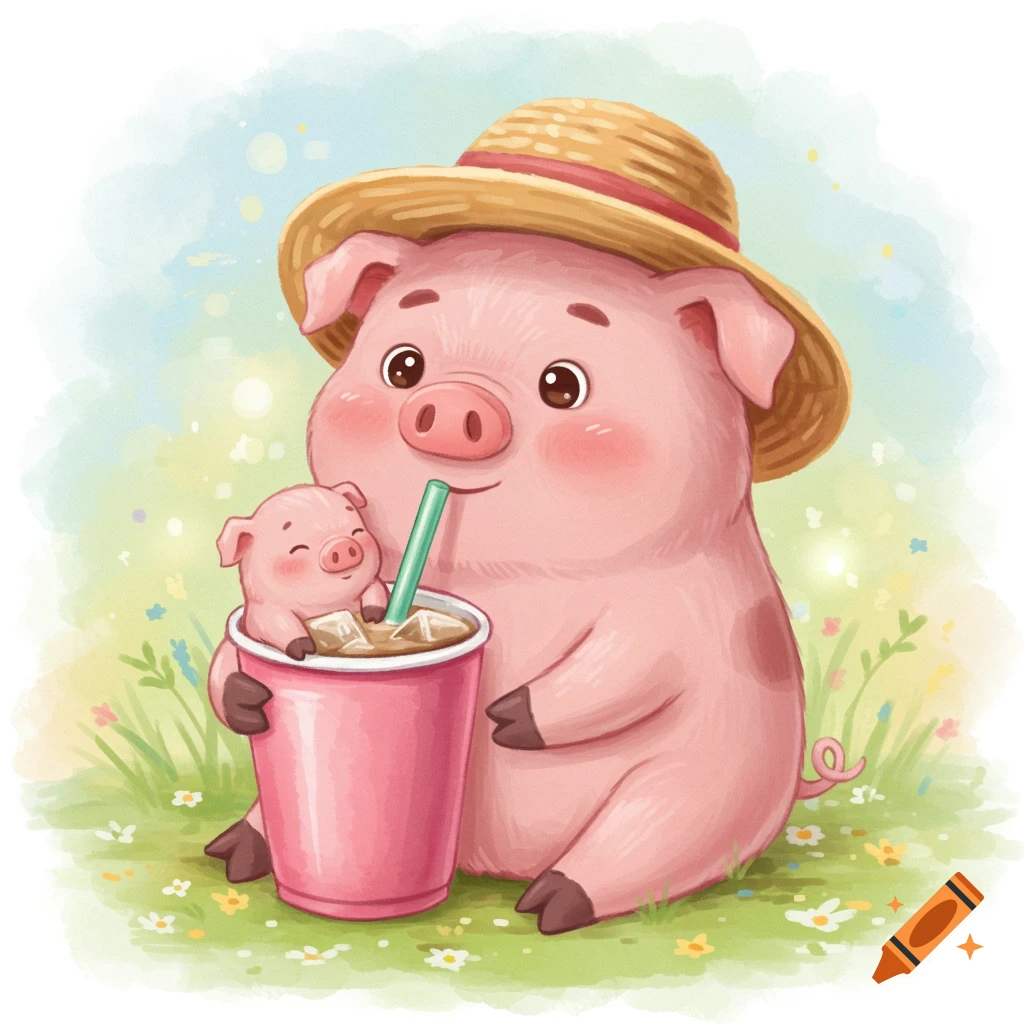 A cute watercolor illustration of a pig wearing a straw hat, sitting on grass, holding a cup of iced coffee with a baby piglet inside.
