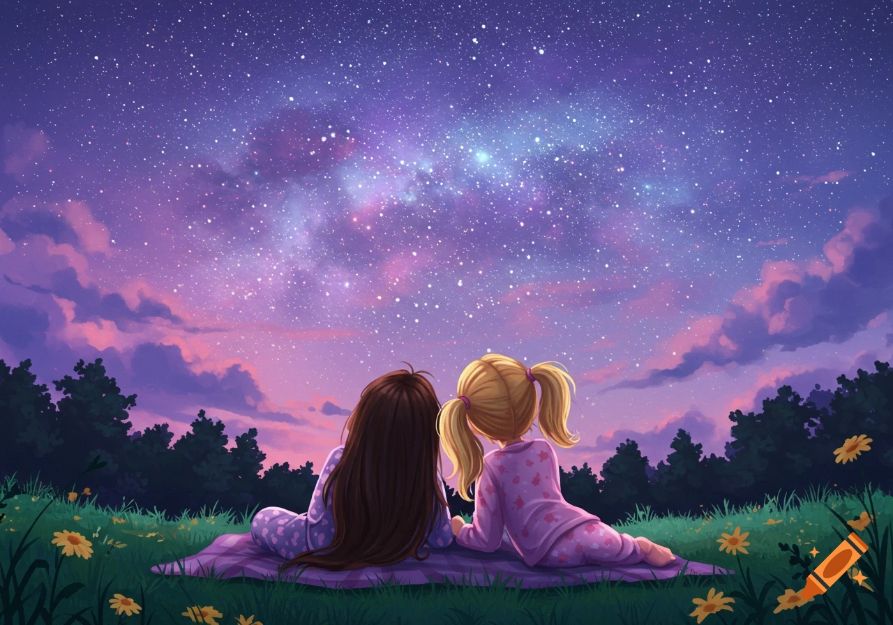 Two girls sit on a blanket looking at a vibrant, starry night sky illustration.