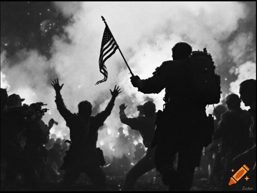 Black and white photo of silhouetted soldiers raising an American flag amidst smoke and light flashes.