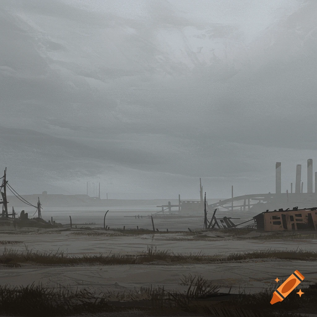 A desolate, grey industrial landscape under a cloudy sky.