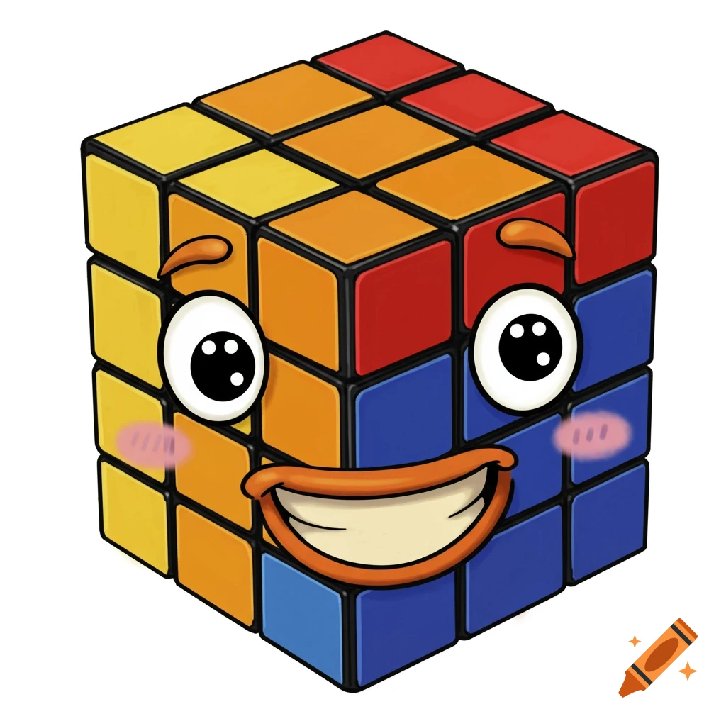 Cartoon Rubik's cube with large eyes, a wide smile, and rosy cheeks on a white background.