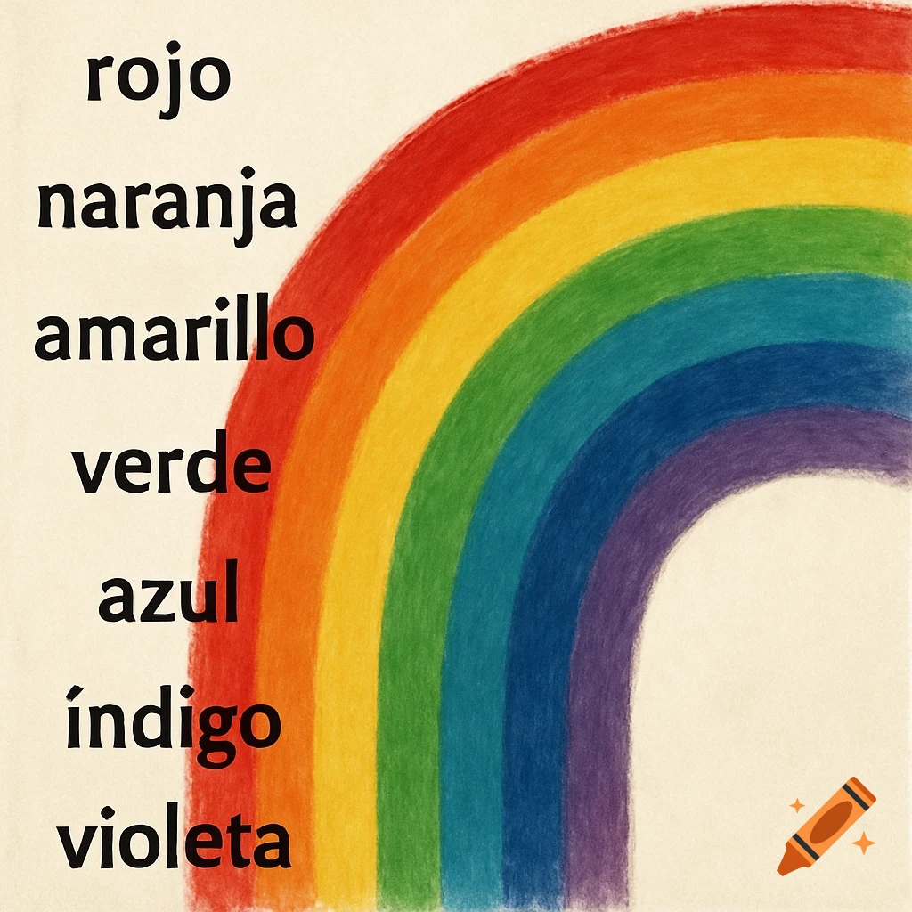 Crayon drawing of a rainbow labeled with Spanish color names.