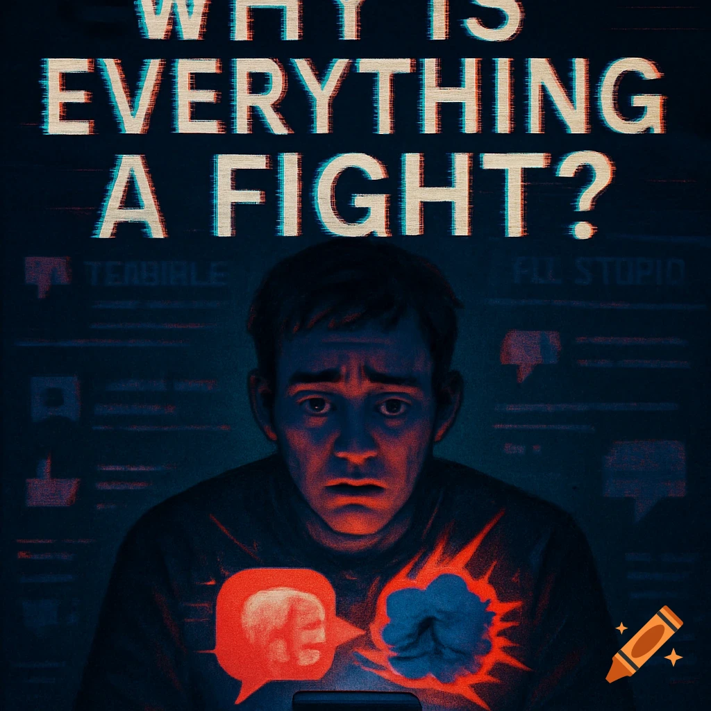 A digital illustration of a person looking overwhelmed by online conflict on a phone, with glitchy text 'WHY IS EVERYTHING A FIGHT?' above.