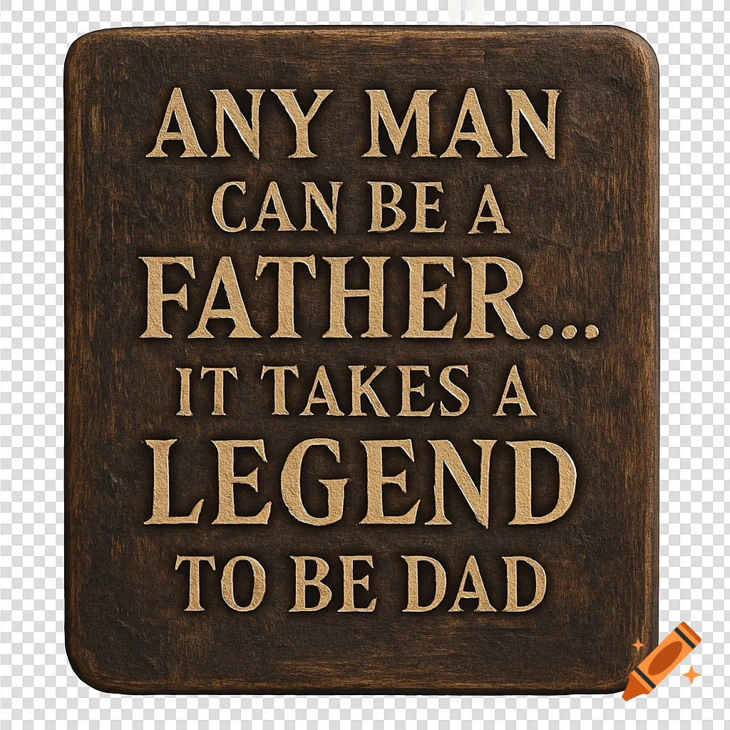 A dark brown wooden plaque with engraved gold text that reads: ANY MAN CAN BE A FATHER... IT TAKES A LEGEND TO BE DAD