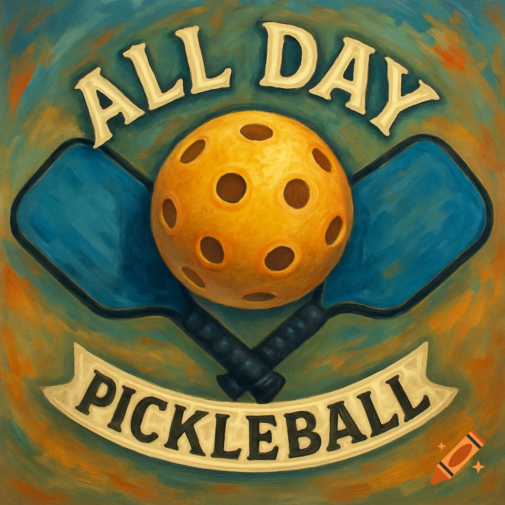 Illustration of a pickleball, paddles, and banners with the text 'ALL DAY PICKLEBALL'.