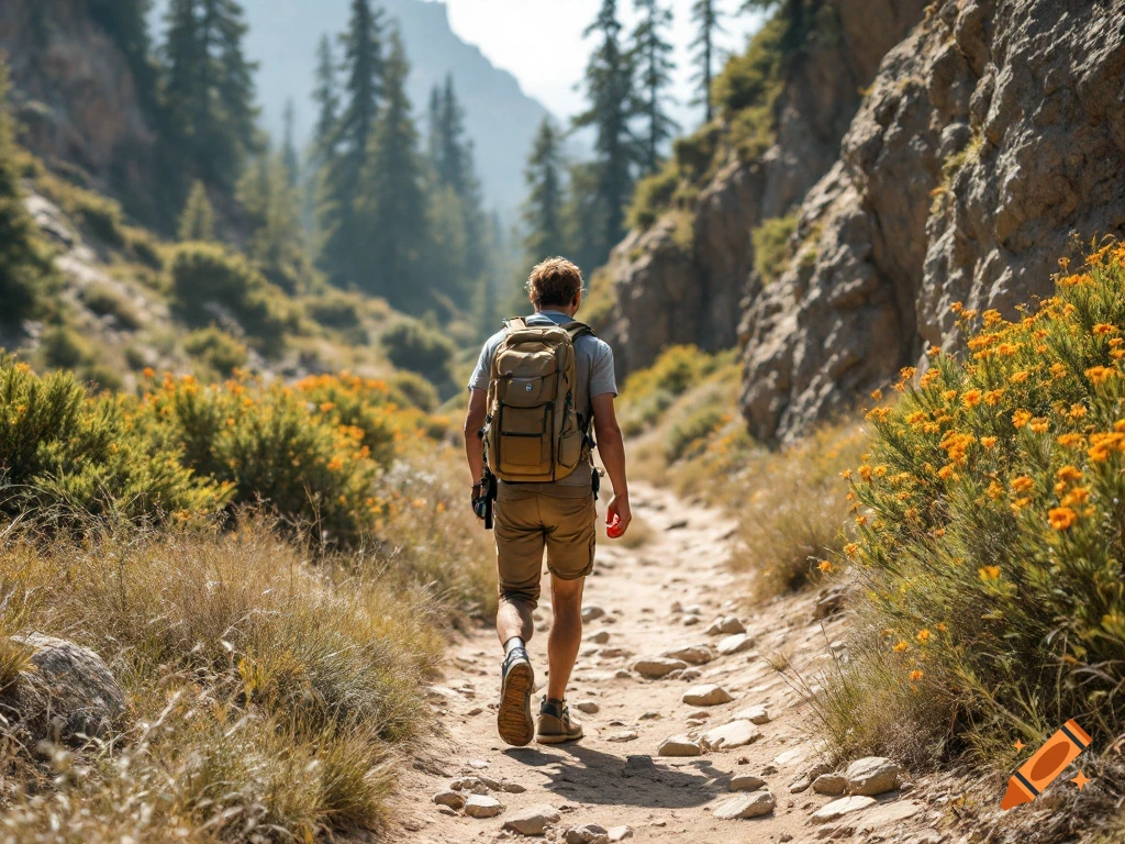 A person with a backpack walks along a rocky path through a sunlit ...