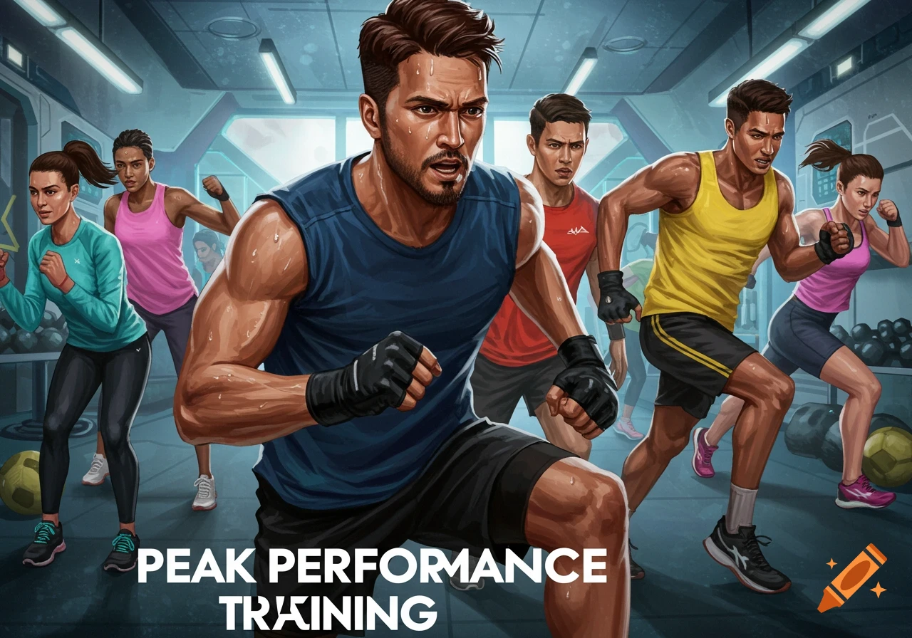 Group of diverse people intensely training in a modern gym with 'PEAK PERFORMANCE TRAINING' text overlay.