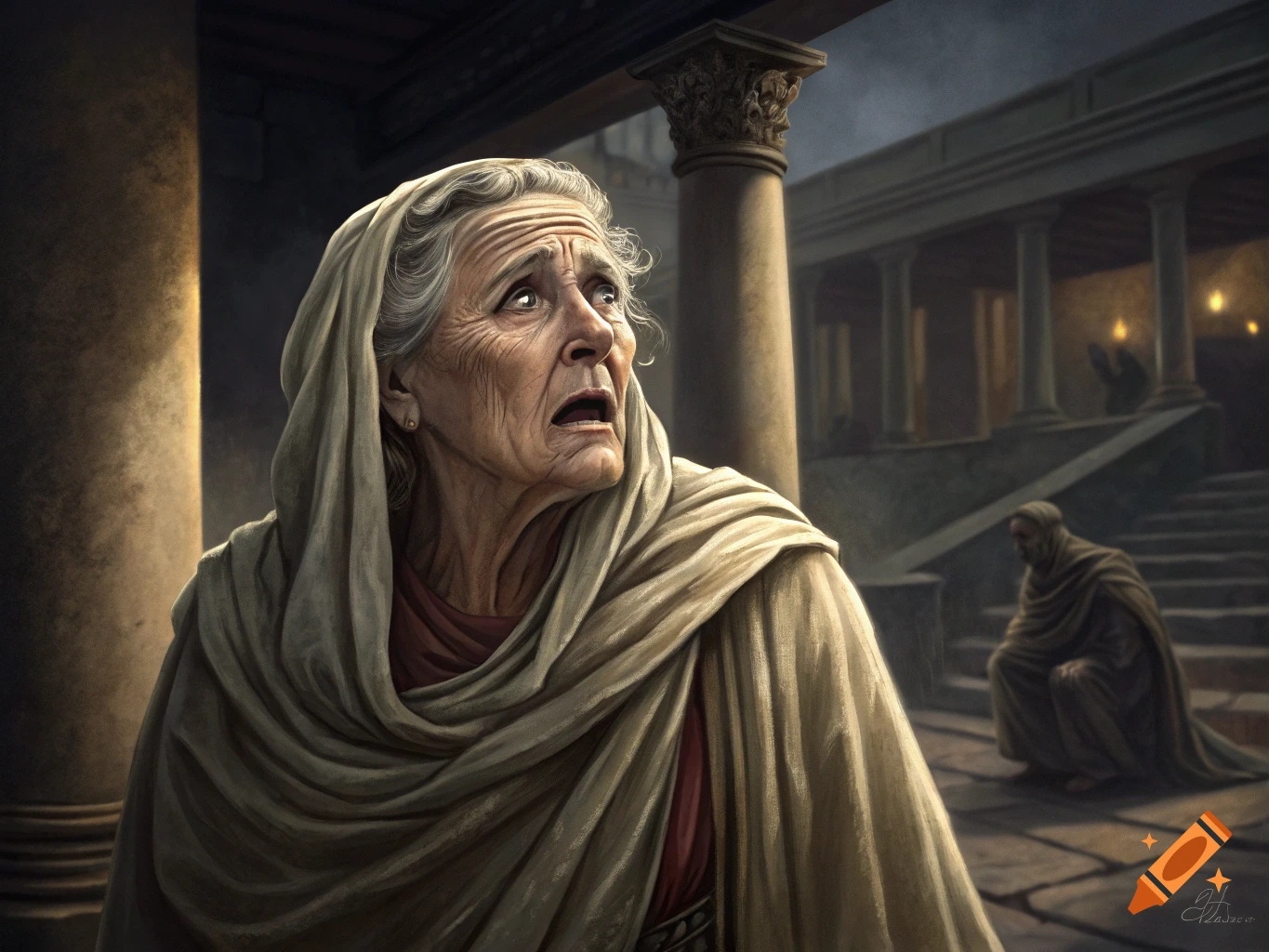 A scared old woman wearing a veil in an ancient Roman-style building with columns and stairs.