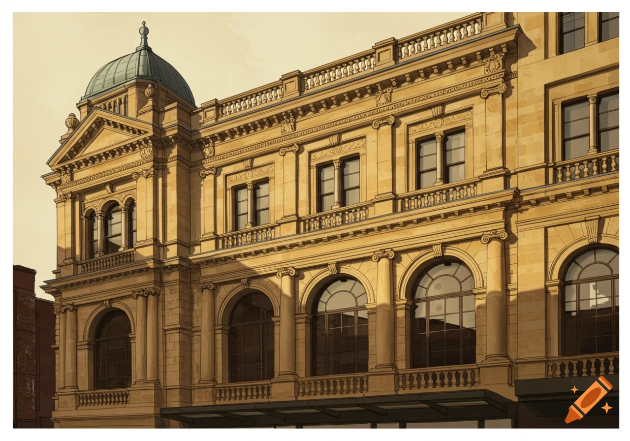Detailed view of a classical stone building facade with columns, arches, balconies, and a dome.