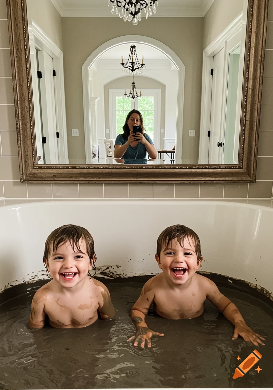 Two toddlers covered in mud laugh in a bathtub, with a woman taking a photo reflected in a mirror above.