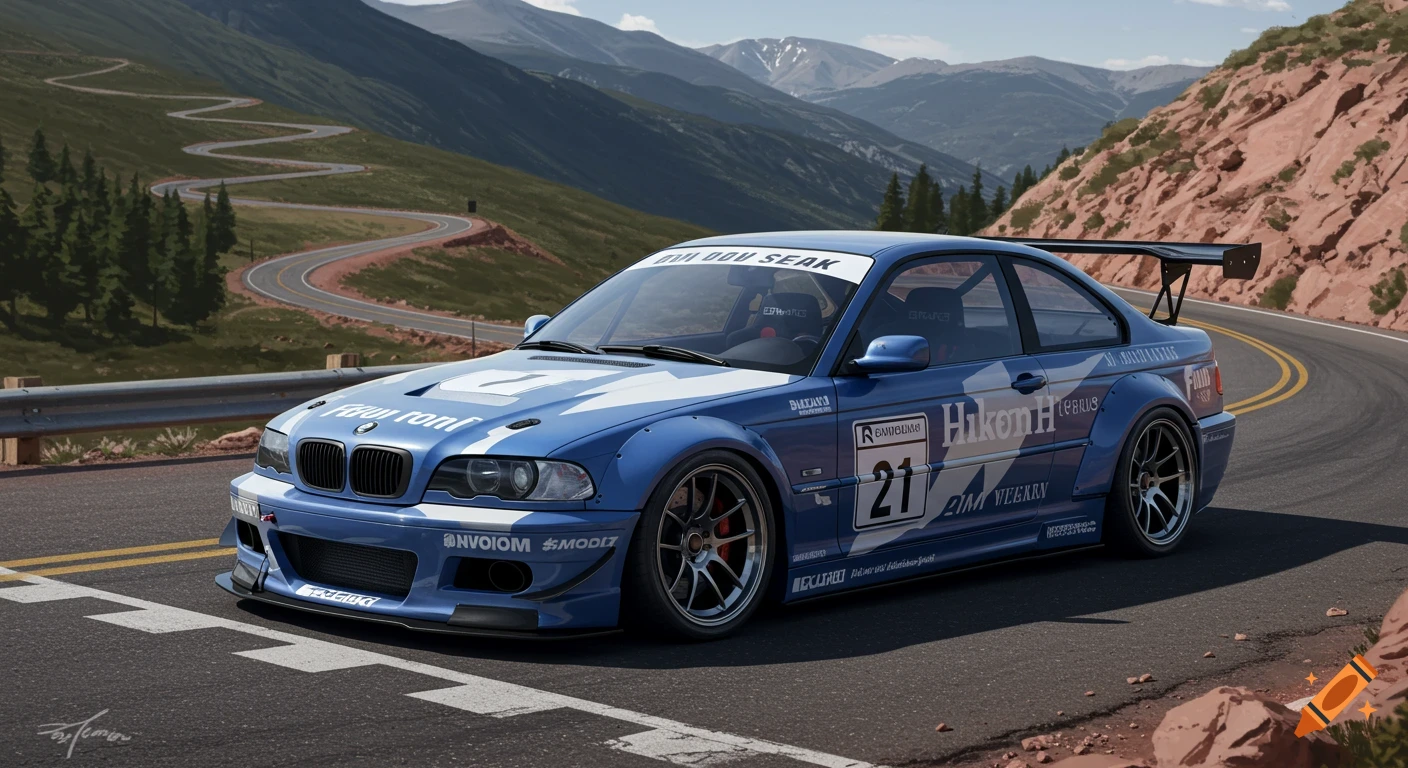 A blue BMW E46 widebody race car on a winding mountain road.