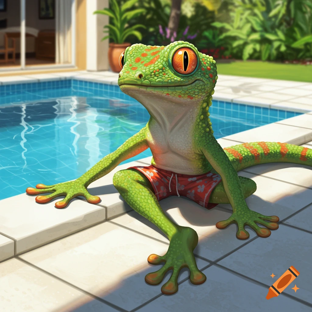 A green gecko in red swim trunks sits by a swimming pool.