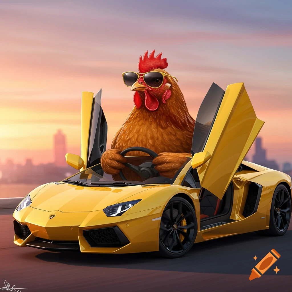 A chicken wearing sunglasses drives a yellow Lamborghini with gull-wing doors open at sunset.