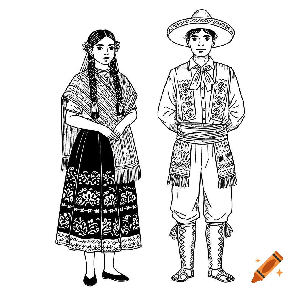 Black and white line art of a man and woman in traditional Purépecha clothing.