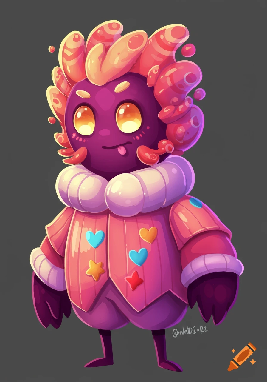 A cute cartoon purple creature with pink tentacle hair wears a pink jacket adorned with hearts and stars.
