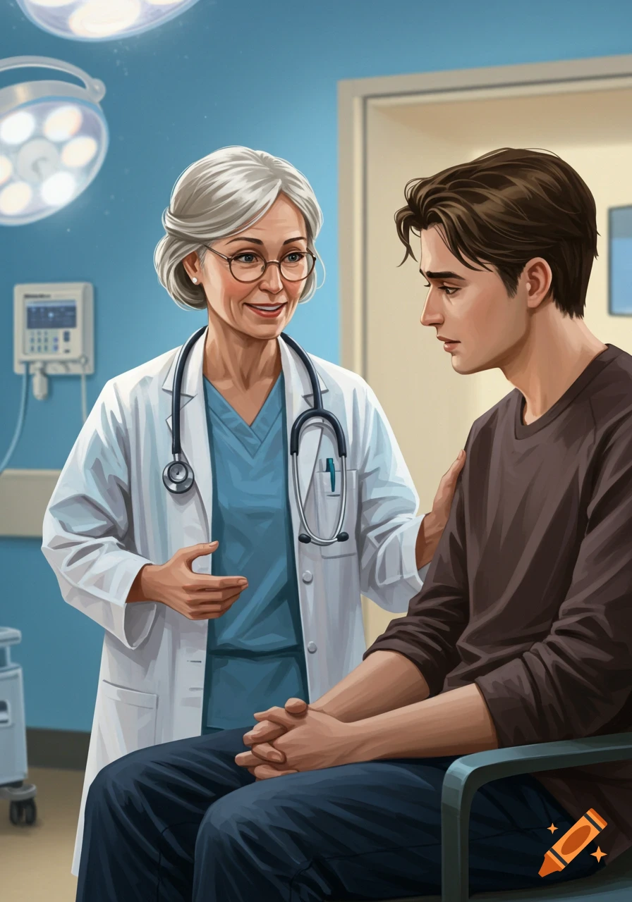 A doctor talks to a patient in a hospital room.