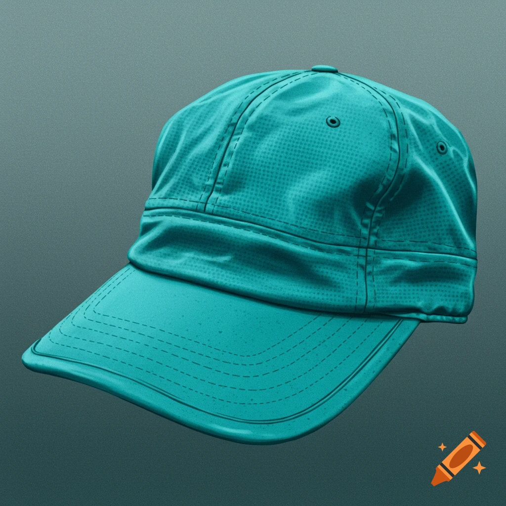 A teal baseball cap with a textured fabric on a grey background.