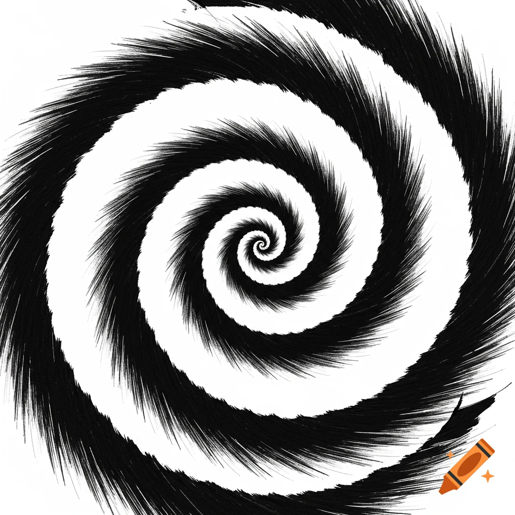 A black and white spiral pattern resembling a crop circle.