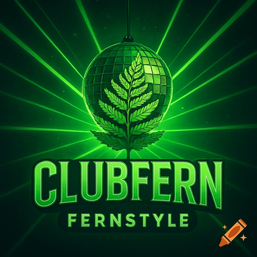 Green logo with a disco ball featuring a fern leaf, green laser beams in the background, and the text CLUBFERN and FERNSTYLE.