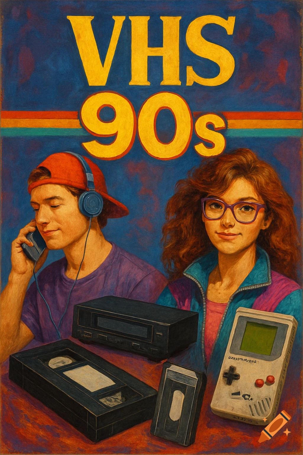 Painted poster of two people from the 90s with VHS player, tape, and Game Boy, text reads 'VHS 90s'