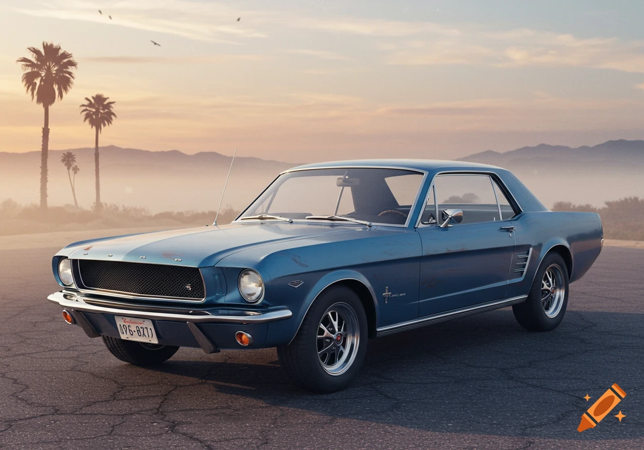 A classic blue Ford Mustang coupe is parked on a road with palm trees and mountains in the background at sunset.
