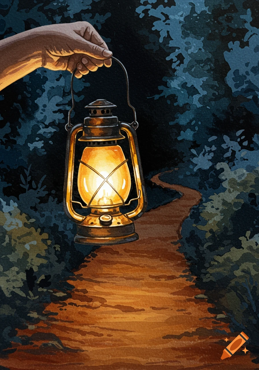 Hand holds a lit lantern casting light on a winding path through a dark forest in a watercolor style.