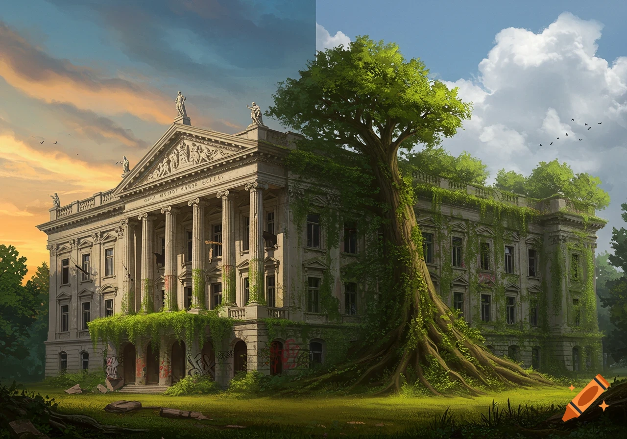 An old classical building, split vertically, showing one side covered in vines and a giant tree, the other partially ruined, against a changing sky.