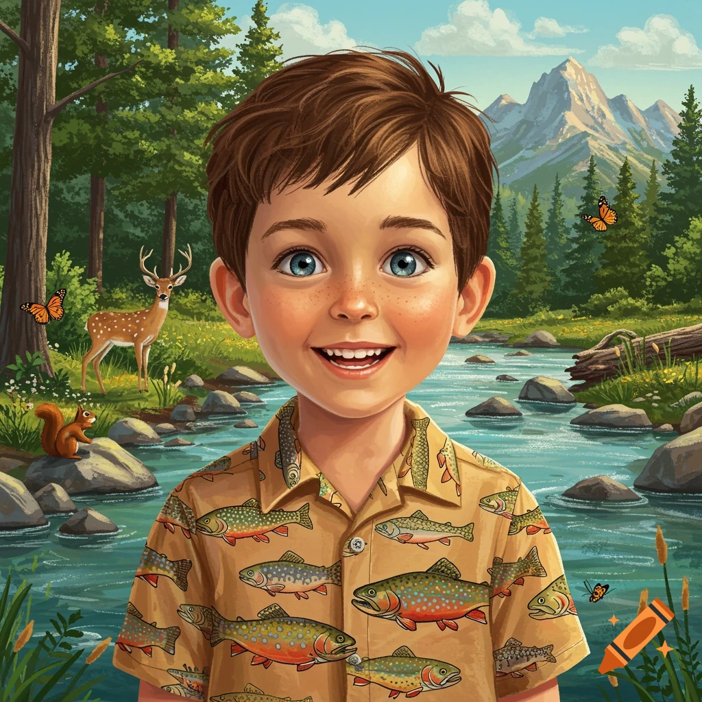 Smiling boy in a fish-patterned shirt in a forest with a stream, deer, and mountains in an illustration.