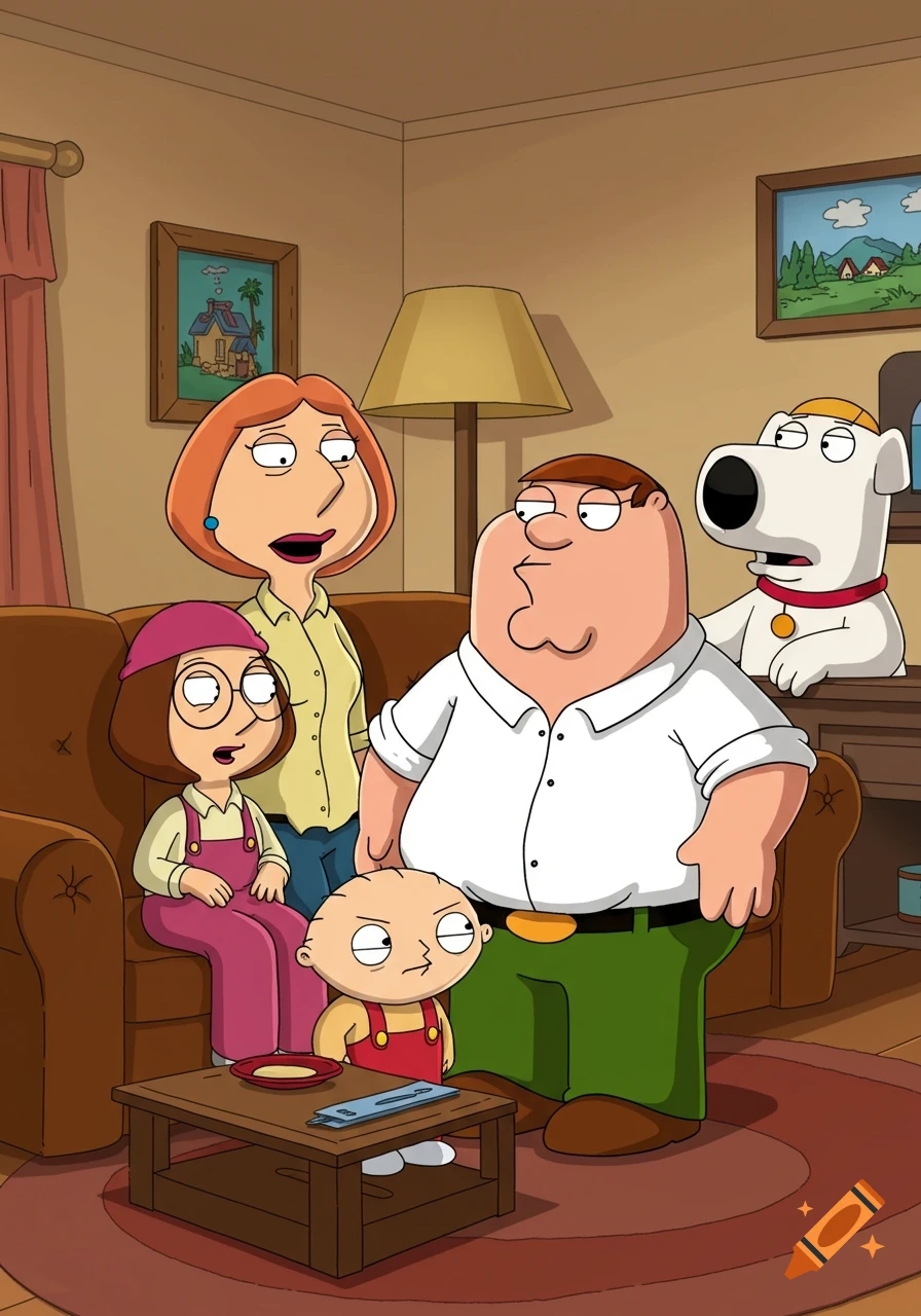 Cartoon characters Peter, Lois, Meg, Stewie, and Brian Griffin sit in their living room.