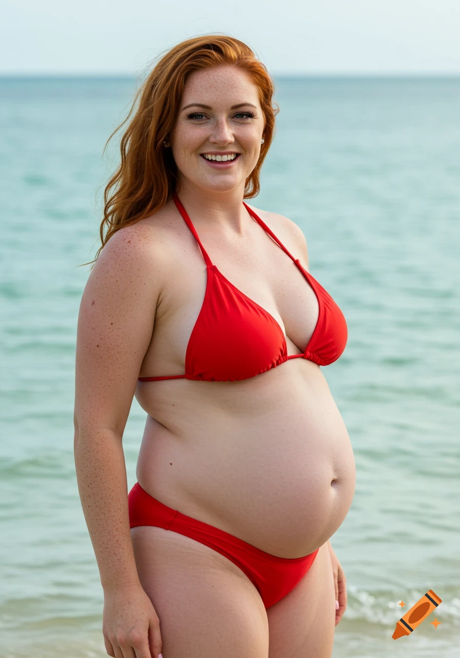 Pregnant woman in a red bikini standing in the water, smiling.