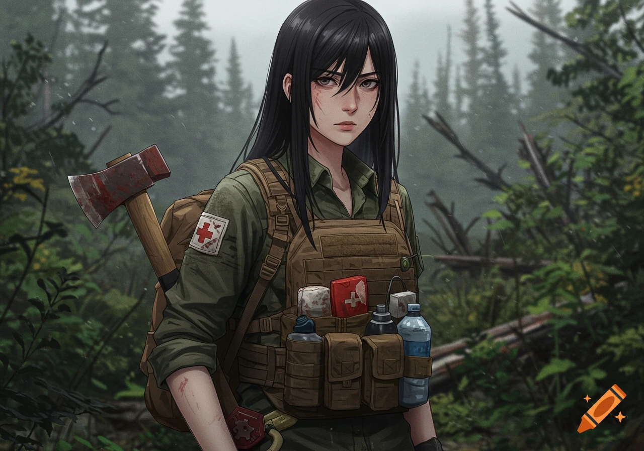 Anime woman in tactical gear with an axe in a rainy forest