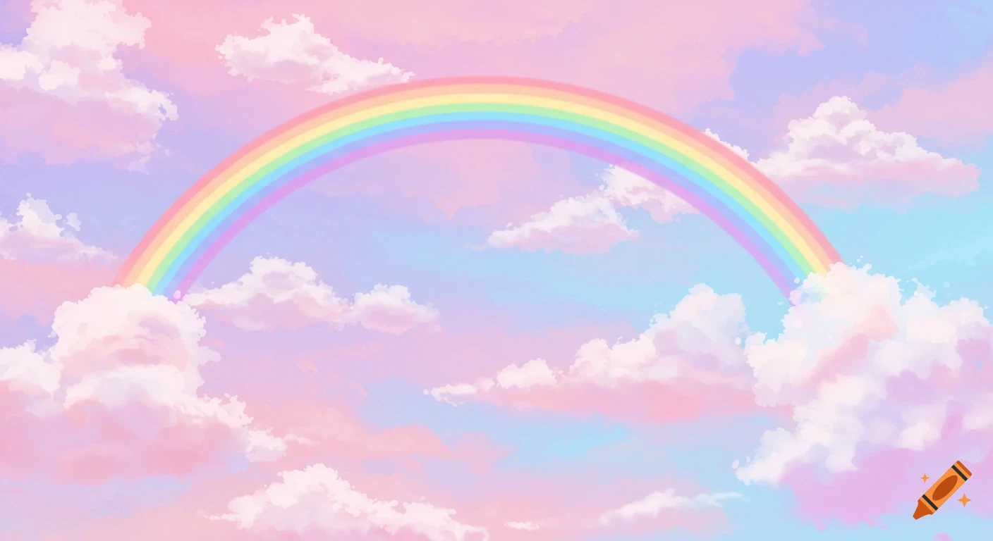 A pastel sky with pink and purple clouds and a rainbow arch.