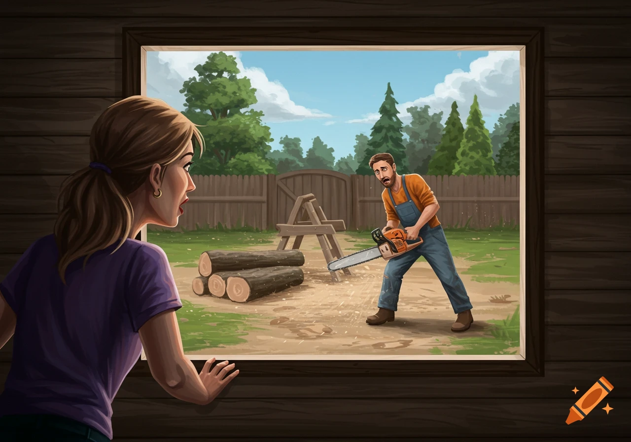 Illustration of a woman looking out a window at a scared man with a chainsaw and logs in the backyard.