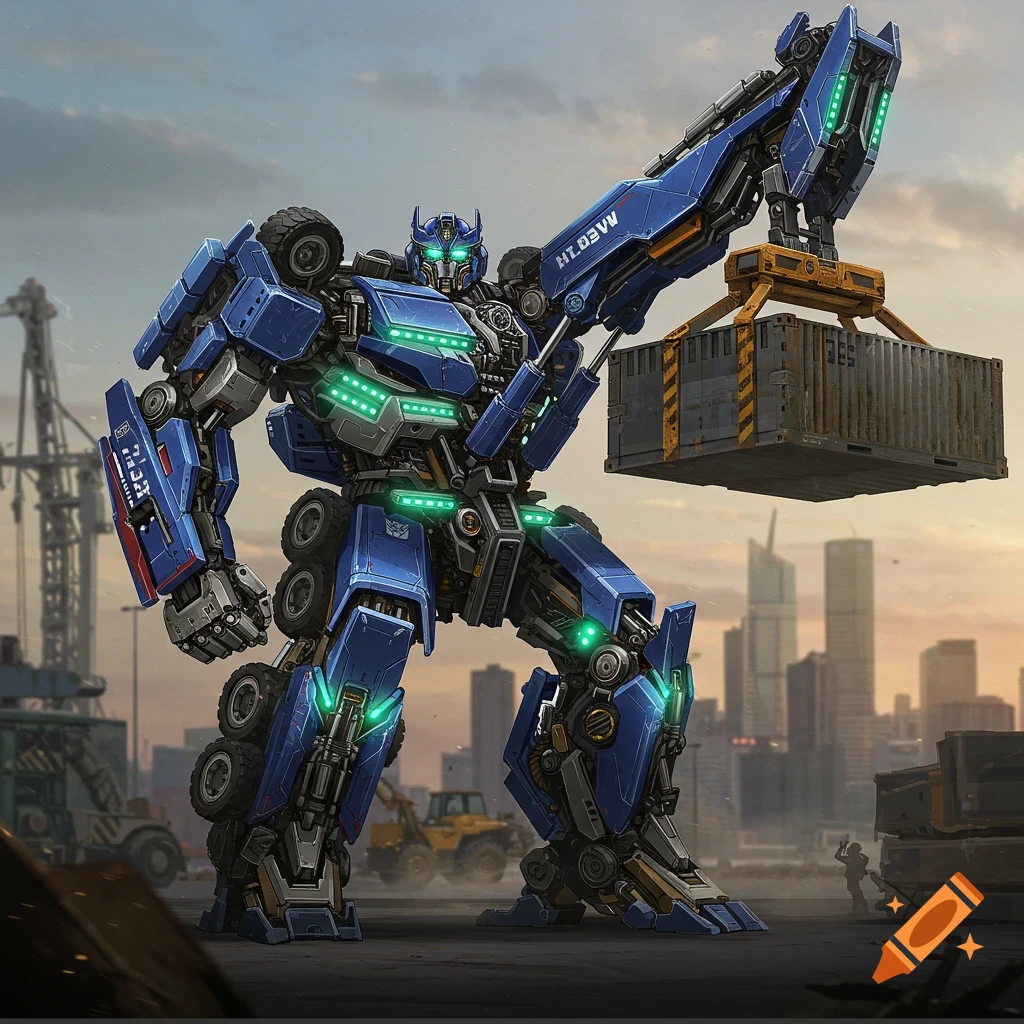 A blue robot with a crane arm lifts a shipping container in a port.