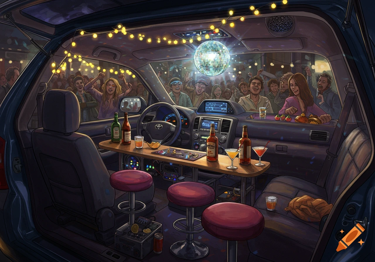 An illustration of a lively bar and party inside a car with drinks, a disco ball, and people dancing.