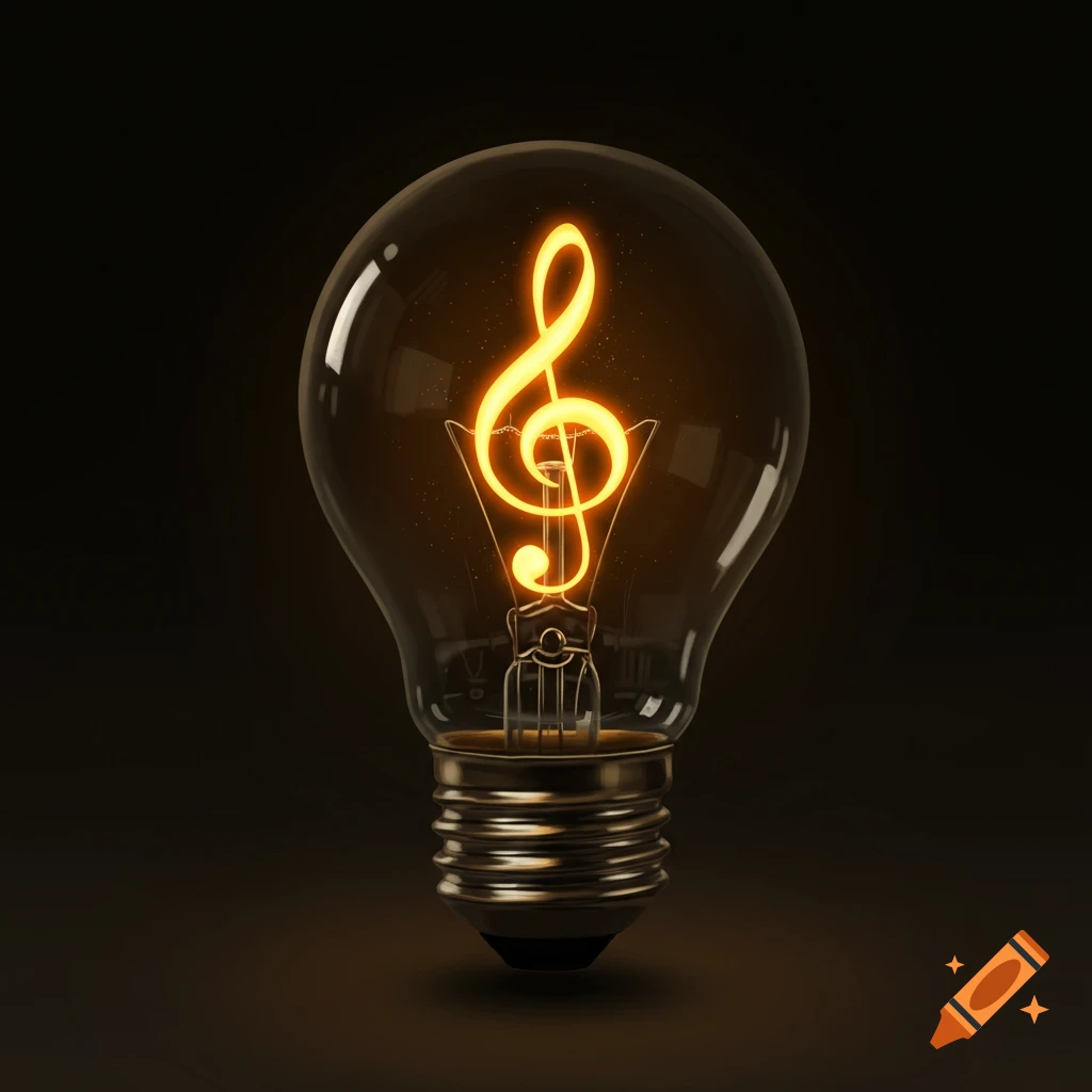 A lightbulb with a glowing treble clef filament inside against a dark background.