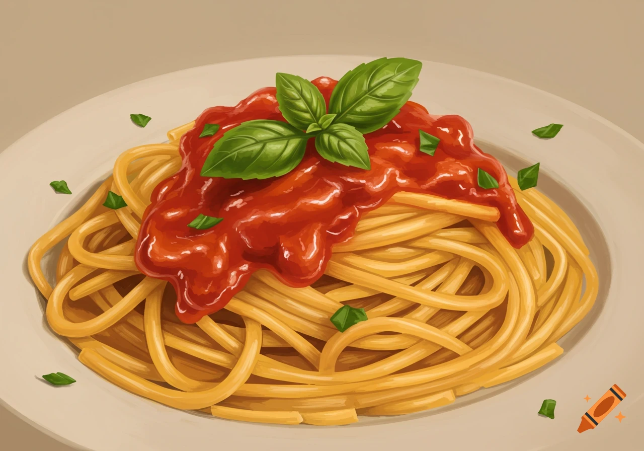 Spaghetti with red sauce and basil on a white plate, digital painting style.