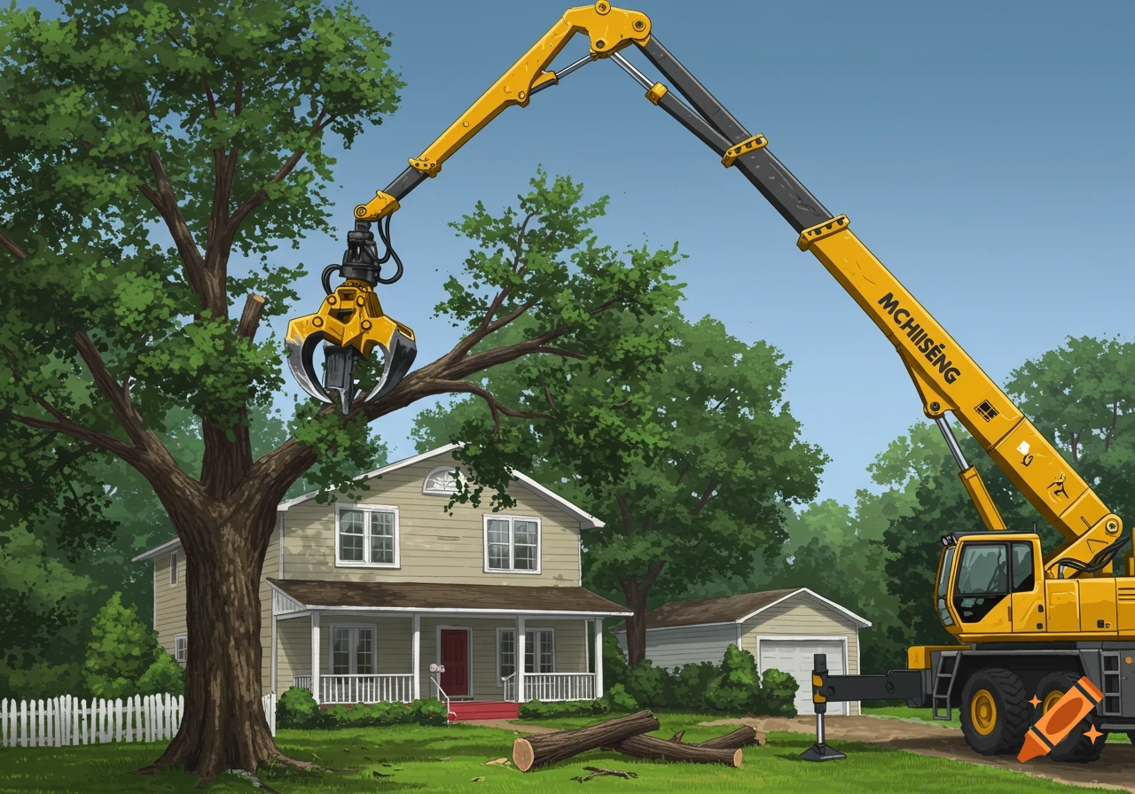 Illustrative scene of a yellow crane with a grapple attachment cutting a tree over a suburban house
