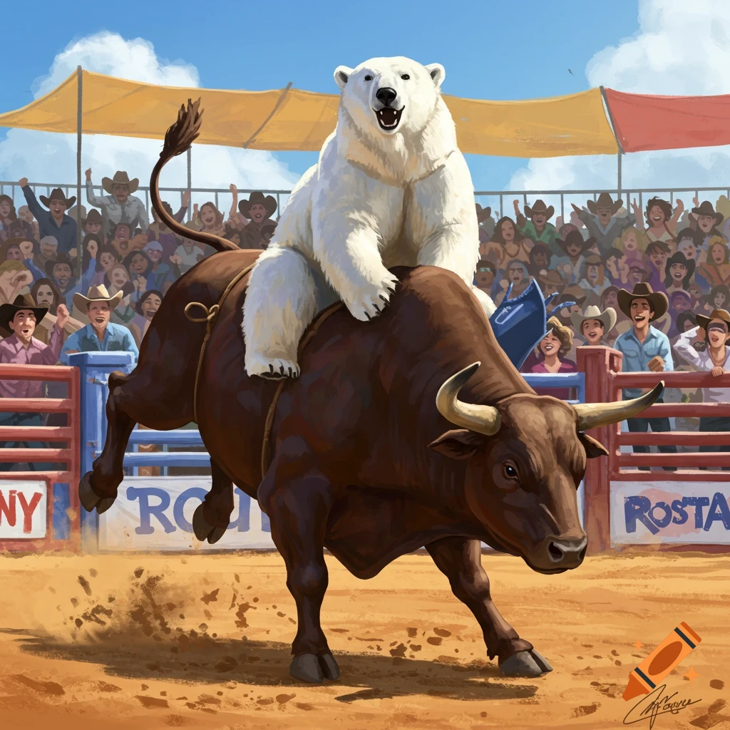 An illustration of a polar bear riding a bucking bull in a rodeo arena with a cheering crowd.