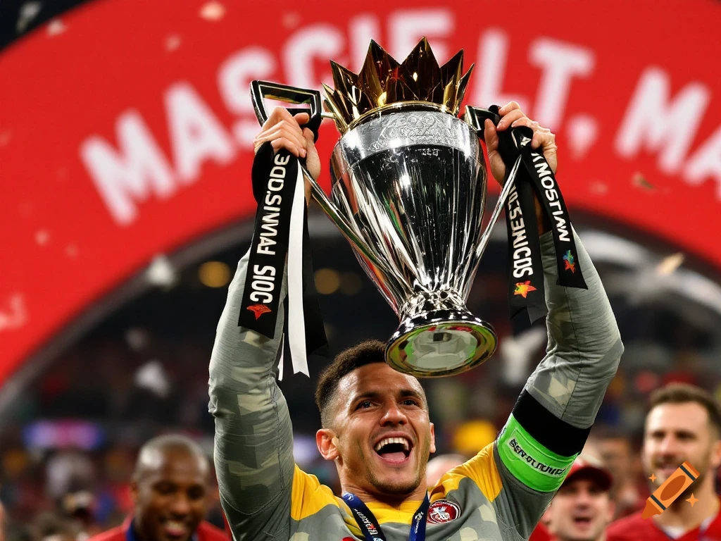 Athlete raises a silver trophy with gold crown above his head, smiling in celebration. Red banner in background.