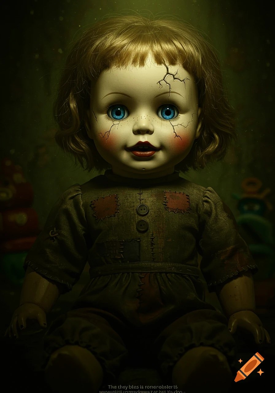 Close-up of a cracked, creepy doll with blue eyes in a dark, spooky setting.