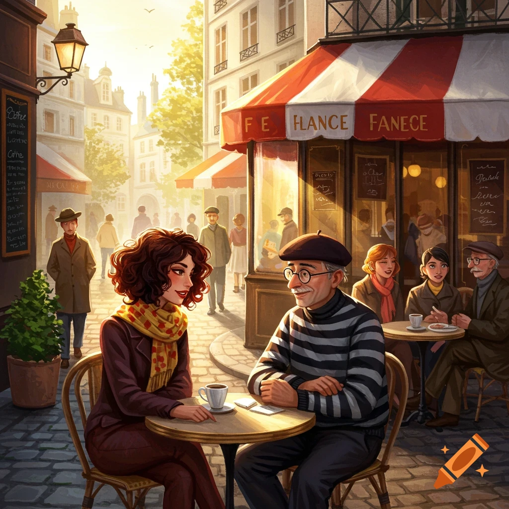 People sitting at an outdoor cafe table in a sunny European city street, others walk in the background. Illustration style.