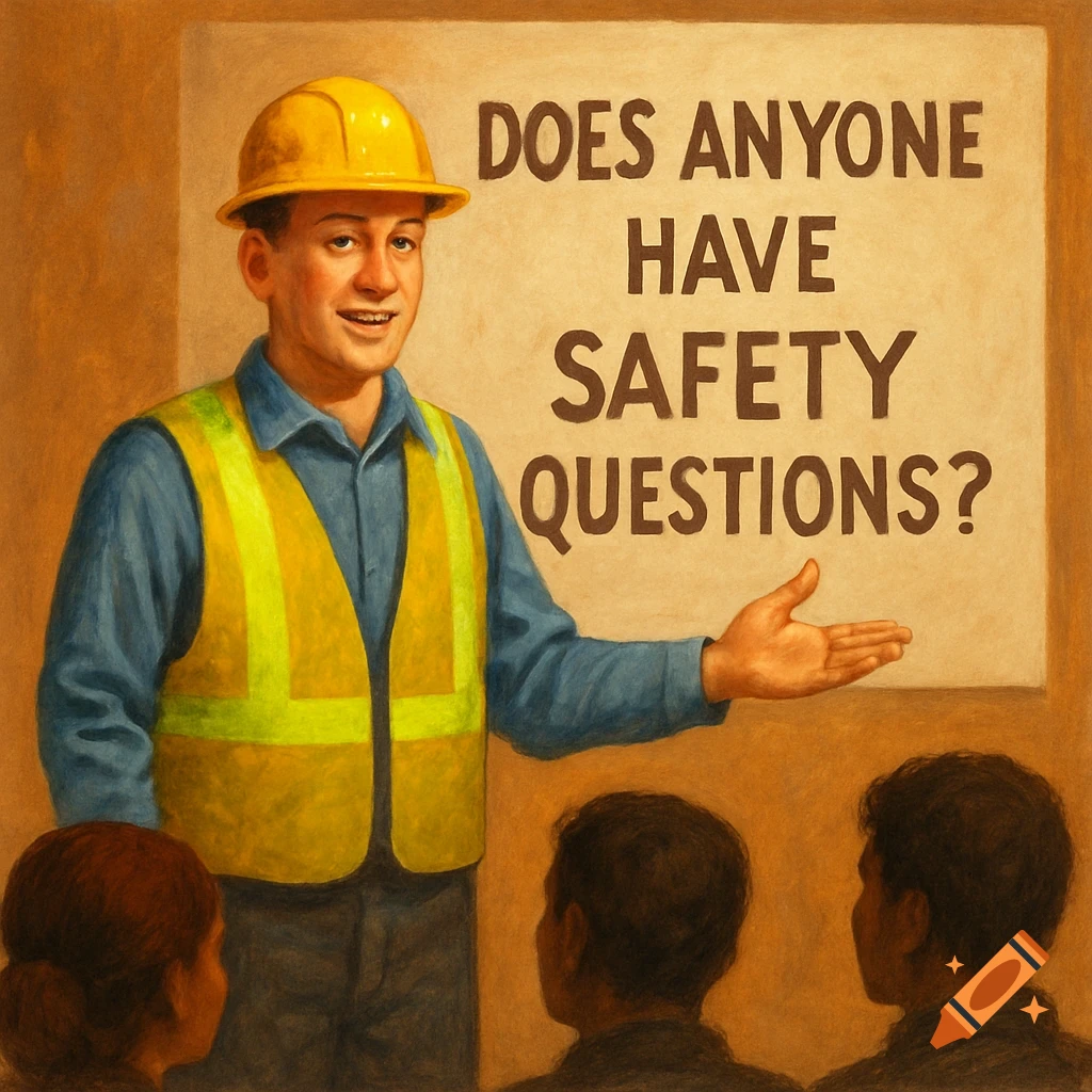 A construction worker gives a safety presentation with text on a board, painterly style.