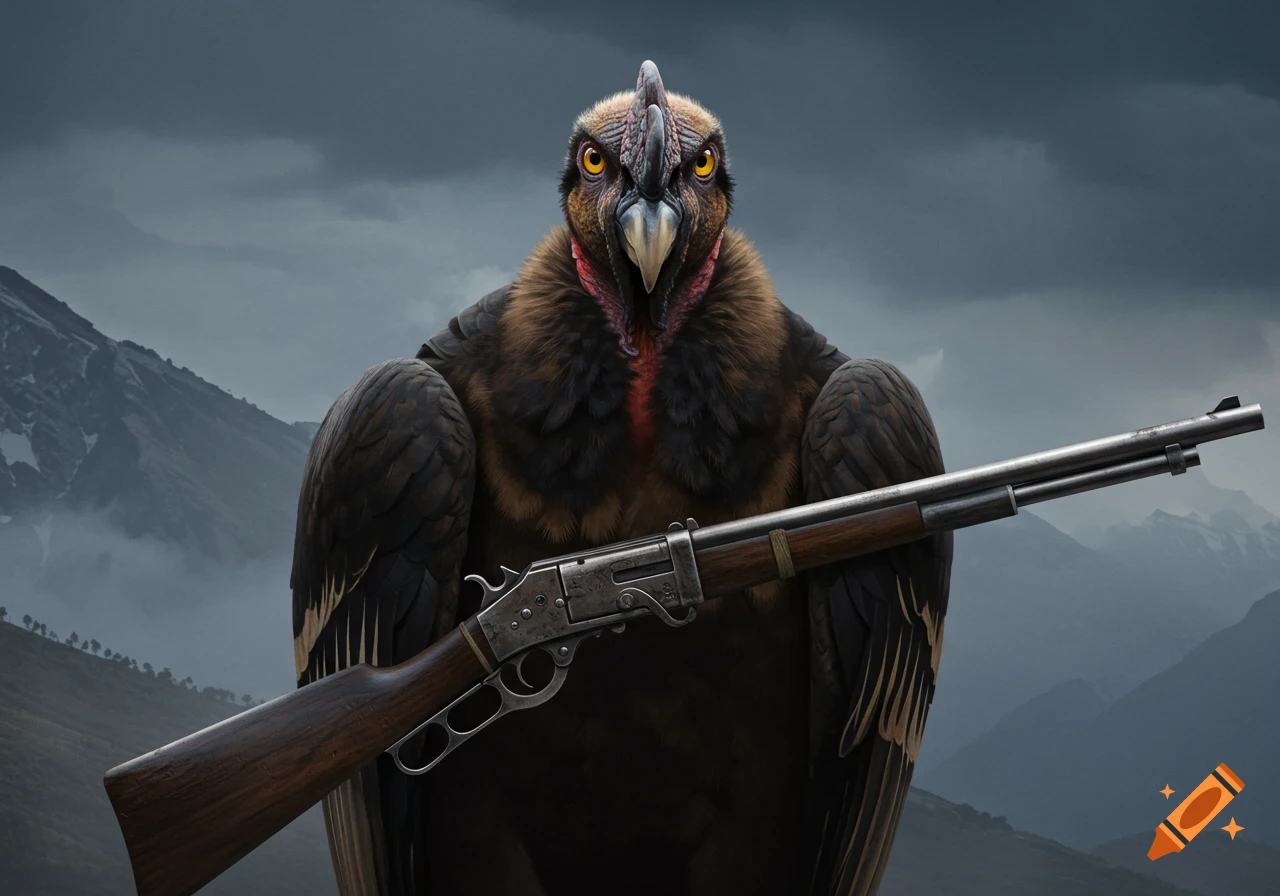 A condor holds a rifle while standing in a mountainous landscape. on ...