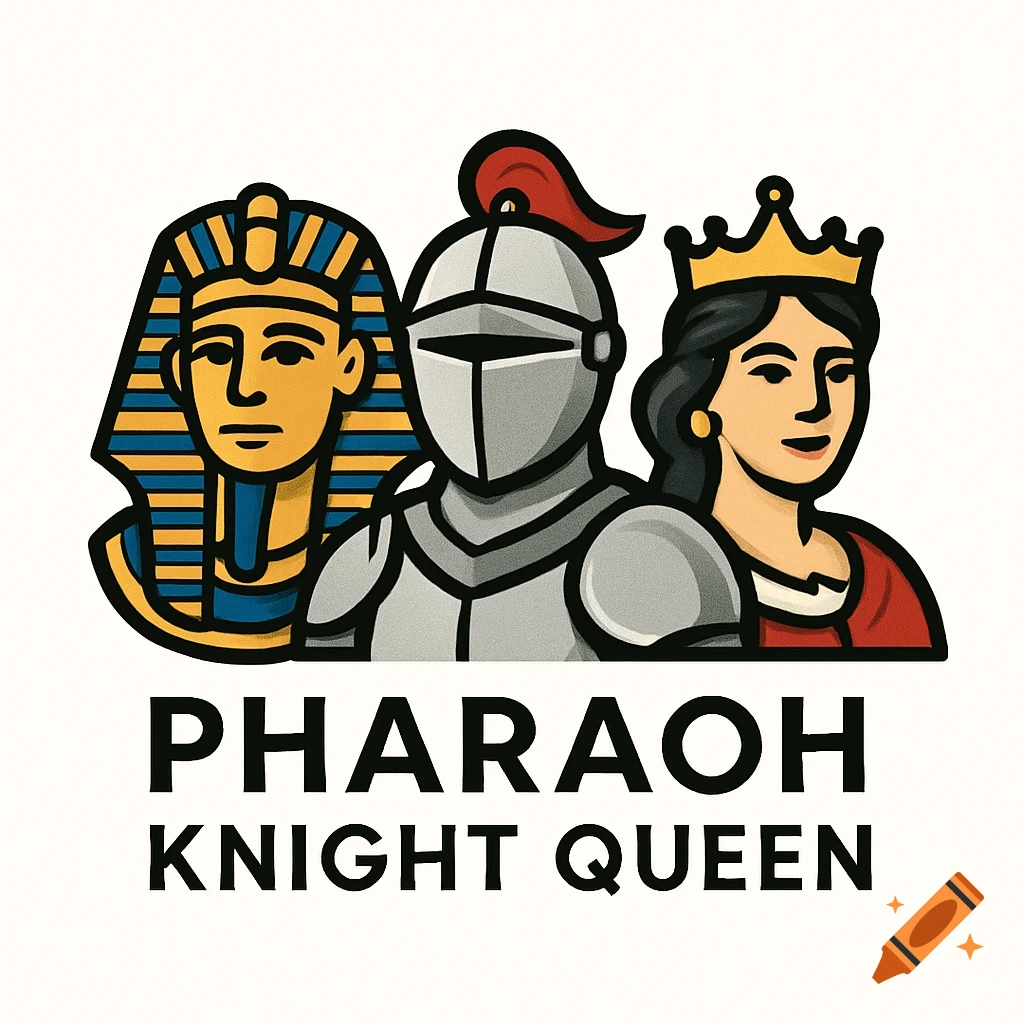 Stylized logo with portraits of a pharaoh, knight, and queen and the text 'PHARAOH KNIGHT QUEEN'